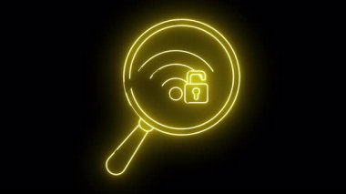 Wi-Fi dalgalarını çevreleyen bir büyüteçin sarı neon çizgisi siyah bir arkaplanda açık bir asma kilit
