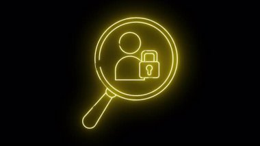 Üzerinde bir kişi olan sarı neon büyüteç simgesi ve siyah bir arkaplanda asma kilit