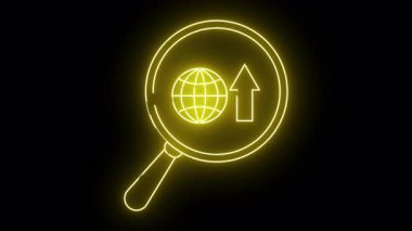 Parlayan sarı bir büyüteç, siyah arka planda bir küreyi ve yukarı bakan bir oku inceler.