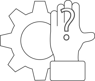 Bir vites simgesi ve avuç içinde soru işareti olan bir el sade bir arkaplanda.