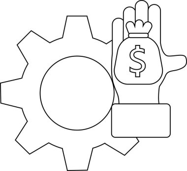 Para kesesini tutan bir elin yanında dairesel merkezi olan bir vites muhtemelen finansal mekaniği sembolize ediyor.