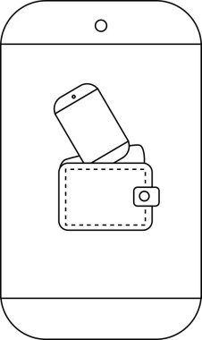 Cüzdanın üstündeki telefon beyaz üzerine akıllı telefon hatlarıyla ortalanmış.