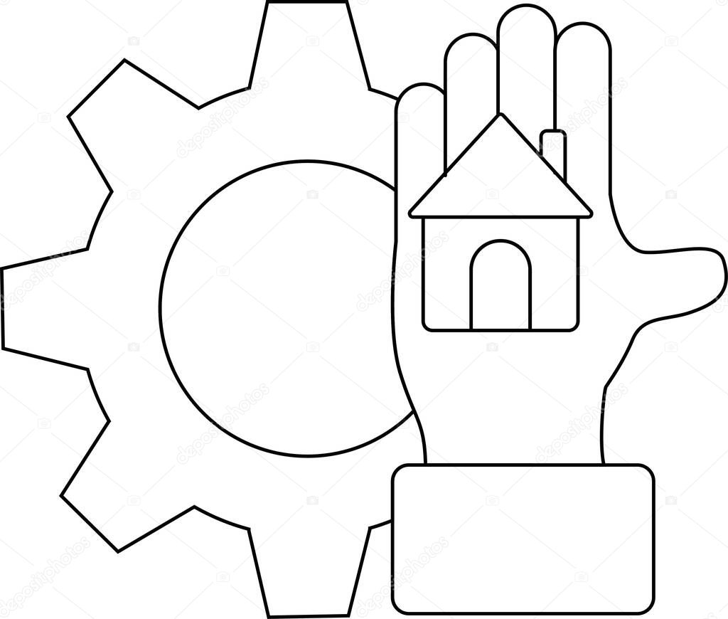 A gear motif juxtaposes a hand cradling a simplified house figure creating a techindustry interface visual