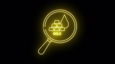 Bir büyüteç altın külçesi ve altın kelimesinin parıldayan sarı neonstyle simgesi.