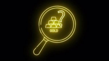 Parlak neon illüstrasyon büyüteç altın külçeleri ve siyah üzerine bir soru işareti