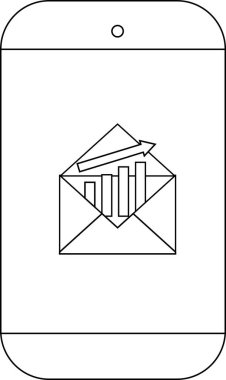 Bir akıllı telefon yükselen bir çubuk grafik ve ok içeren açık bir zarf gösterir