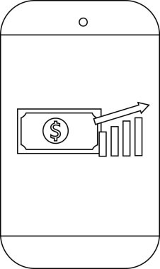 Ekranda yükselen bir dolar grafiği olan siyah beyaz telefon çizimleri