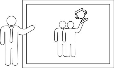 Bir figür, elinde kupa olan iki figürün çerçeveli bir resmini sunar.