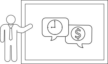 Çubuk figürün çizgi çizimi zaman ve para sembolleri ile beyaz tahta sunar