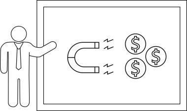 Bir kişi, mıknatısı olan ve madeni paraları çeken bir tahtaya el kol hareketi yapar.