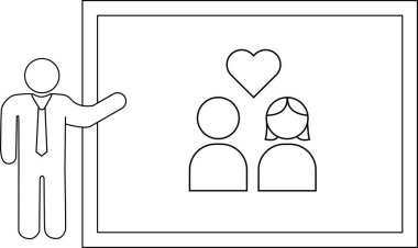 Kravatlı bir insan, kafasının üstünde bir kalp olan bir çiftin dikdörtgenin içindeki çizimine işaret eder.