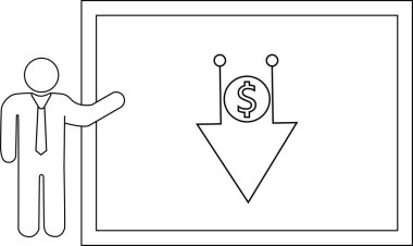 Bir kişi aşağı bakan bir okun üzerinde dolar işareti gösteren bir tabloya işaret eder.