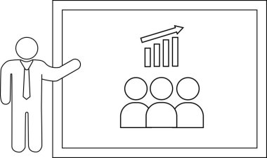 Bir kişi beyaz tahtadaki bir grup insana artan bir çubuk grafiği sunar.