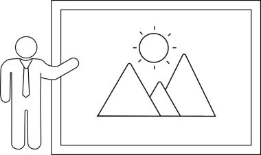 Bir insan, çerçeveli bir dağ ve güneşin yanında duruyor.