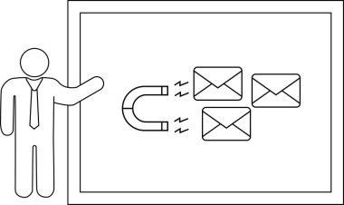 Bir ekranın yanında üç e- posta çeken bir mıknatıs gösteren bir sunucu