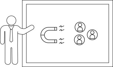 Tahtada daire içine alınmış çöp figürleri çeken bir mıknatıs sunan bir çöp adam
