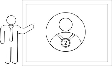 Üzerinde 2 yazan bir simge madalyası olan beyaz tahtayı çizen adam.