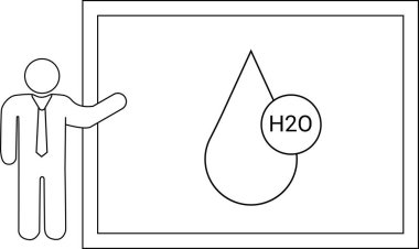 Çizilmiş kişi bir beyaz tahta sunar. Su H2O moleküllerinin çizimi ile birlikte.