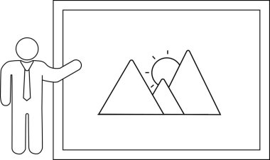 Çerçevelenmiş bir dağ manzarasına işaret eden bir figür. Güneşin zirvelerin arasından yükseldiği bir resim.