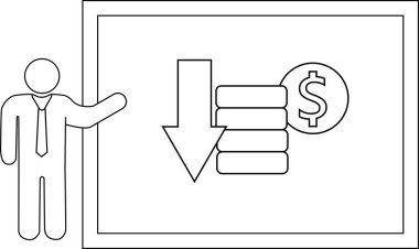 Grafik aşağı doğru ok ile gösterilen ve bir dolar işareti ile istiflenmiş para azalan bir adam tasvir ediyor