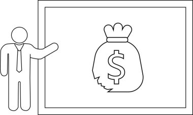 Çizgi çizen kişi, üzerinde dolar işareti olan yırtık bir para çantasını gösteren bir pano sunar.