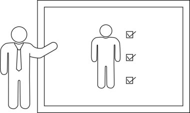 Tahtada özetlenmiş bir rakamın yanında listeyi sunan adam