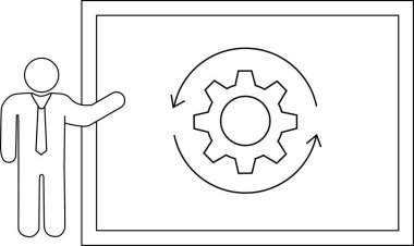 Sunar bisiklet diyagramı w dişli beyaz tahta üzerinde figür kravat var