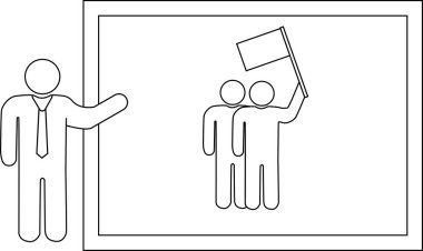 Takım elbiseli bir çöp adam elinde bayrak tutan iki kişinin resmini sunar.