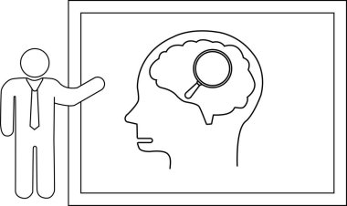 Sunucu, beyninde büyüteç olan bir kafa gösteren bir tahtaya işaret ediyor.