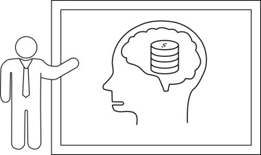 Çubuk bir figür, beyninde bozuk para olan bir kafa çizimi sunar.