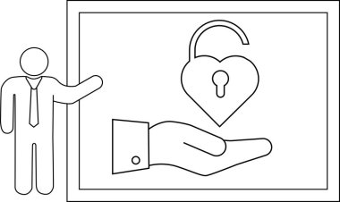 Bir diyagram, ekranın yanında bir sunucuyu, kilitli olmayan bir kalp kilidini tutan bir elle tasvir eder.