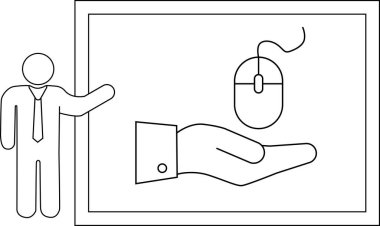 Bir diyagram, bir panonun yanında fare sunan bir eli gösteren birini gösterir.