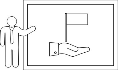 Elinde bayrak tutan bir elle beyaz tahta sunan bir figür.