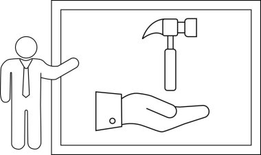 Bir insan dikdörtgen bir çerçevenin içinde çekiç uzatan bir elin yanında duruyor.