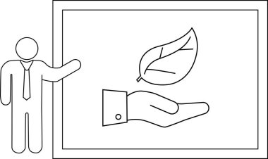 Çubuk bir figür grafikle sunar. Çerçevelenmiş bir yaprağı tutan bir el.