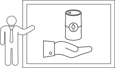 Bir illüstrasyonda açık bir avucun üzerinde yağ varili sunan bir adam görülüyor.
