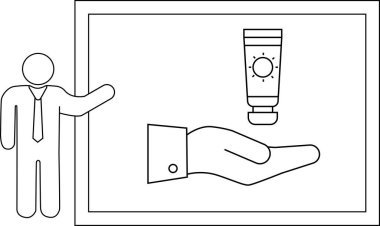 Çizgi sanatı, güneş kremi tutan bir tahtayı sunan kişiyi tasvir eder.