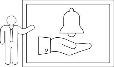 Çubuk figür, çan sunan eli gösteren bir çerçeveyi işaret ediyor