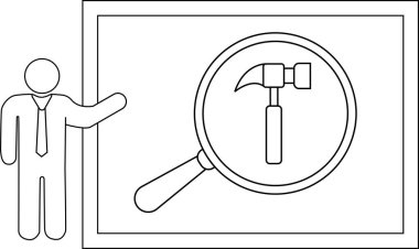 Bir figür, elinde çekiçle büyüteçle beyaz tahtaya doğru hareket eder.