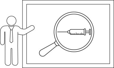Büyüteçle görülen bir şırınganın çerçeveli görüntüsünü gösteren bir kişi.