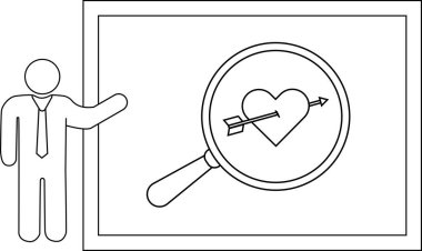 Beyaz tahtanın yanında bir çöp adam büyüteç oklu bir kalbe odaklanır.