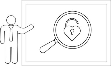 Çubuk bir figür, büyüteçteki kalp şeklindeki kilidi gösteren bir ekrana işaret eder.