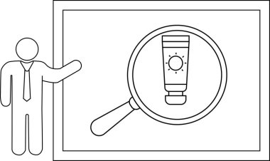 Bir yapışkan şekil, dikdörtgen bir çerçevenin içindeki büyüteç altında bir güneş kremi tüpü sunar.