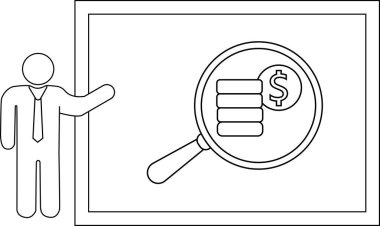 İş sunumu Bir adam ekranda bir dolar işareti ile istiflenmiş paraların üzerinde bir büyüteç gösterir