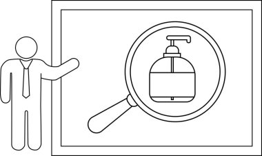 Görüntü sunucusu çerçevelenmiş bir ekranda sıvı sabun dağıtıcısını vurgulayan bir büyüteç üzerine işaret ediyor
