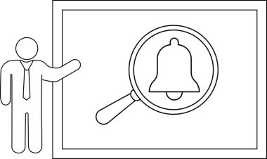 Çizgi sanatı, beyaz tahta üzerinde büyüteç altında bir çan simgesine doğru hareket eden birini gösteriyor.