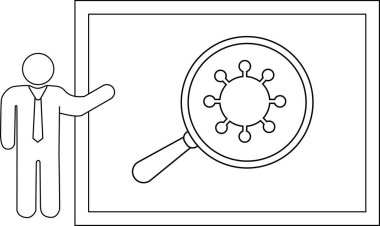 Çizgi sanatı, bir sunucunun büyüteç altında virüs sergilediğini gösteriyor.