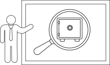 Çizgi çizme kasası büyüteç içinde beyaz tahta üzerinde sunulan takım elbiseli kişinin yanında.