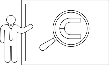 Adam büyüteç altında mıknatıs gösteren beyaz tahta sunar