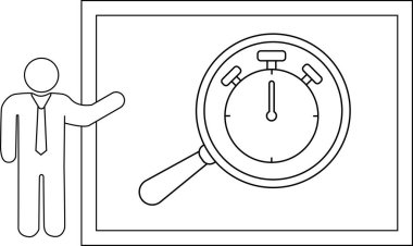 Çizilmiş beyaz tahta resmi çerçevede bir zamanlayıcı sunan bir iş adamını gösteriyor